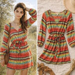 Presley Skye Silk Wrap Dress Women’s XL Belted Vibrant Rainbow Ikat Print Boho